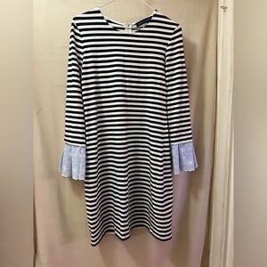 Tommy Hilfiger Navy White Striped Dress Ruffle Cuffs Size Small Nautical Chic